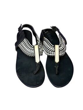 LOLA Thong Sandals Women’s Size 10 – Black White Braided Strap Gold Accent